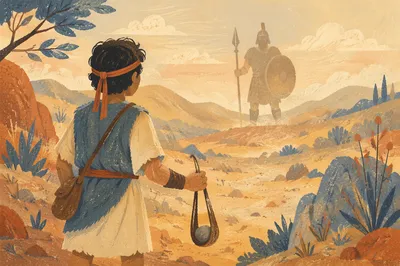 David Facing Goliath Across Desert Valley