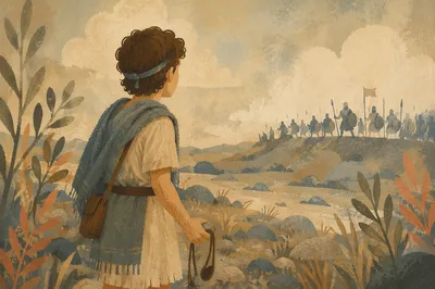 David Facing Goliath in the Dawn Valley