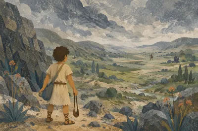 David Facing Goliath in Windswept Valley