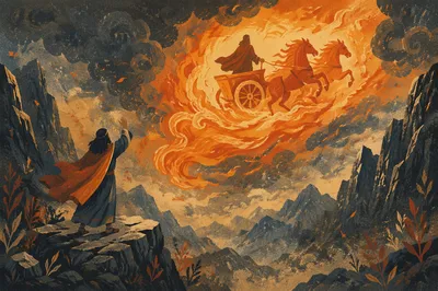 Elijah Ascending in Fiery Chariot at Dusk
