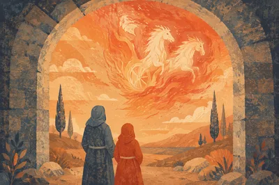 Elijah's Fiery Chariot Ascending Through Stone Arch