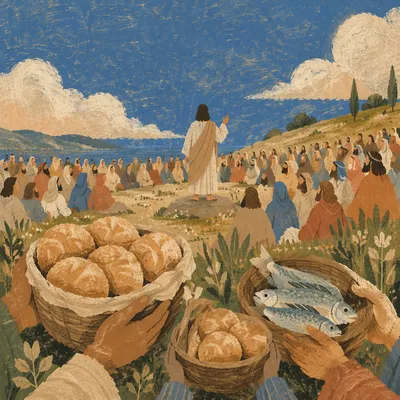 Feeding the Multitude on a Sunlit Hillside