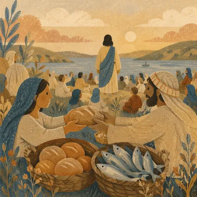 Loaves and Fishes on Hillside at Sunset
