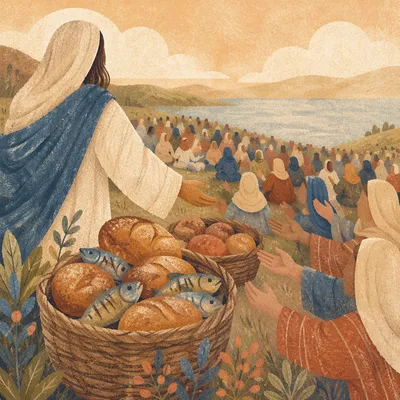 Loaves and Fishes on Hillside at Sunset