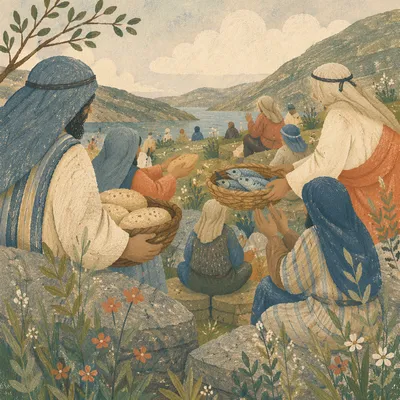 Loaves and Fishes Shared on Green Hillside