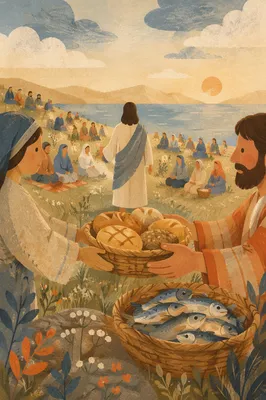 Loaves and Fishes on Hillside at Sunset