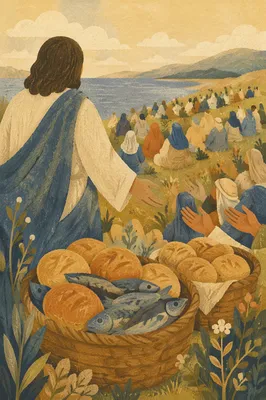 Loaves and Fishes on Hillside at Sunset