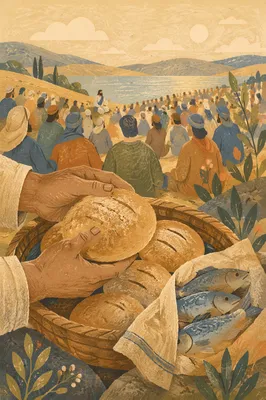Jesus Feeds Five Thousand on Hillside