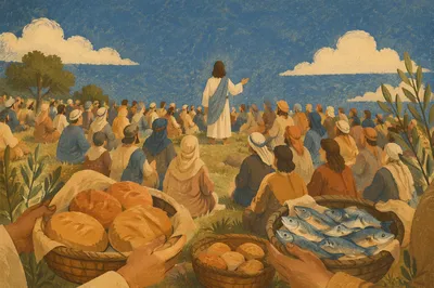 Feeding the Multitude on a Sunlit Hillside