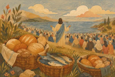 Loaves and Fishes on Hillside at Sunset