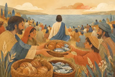 Loaves and Fishes on Hillside at Sunset