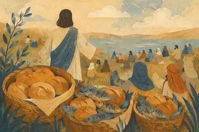Loaves and Fishes on Hillside at Sunset