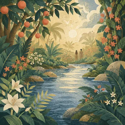 Lush Garden of Eden at Dawn