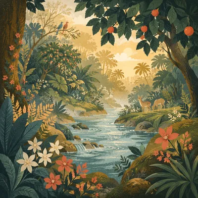 Lush Garden of Eden River at Dawn