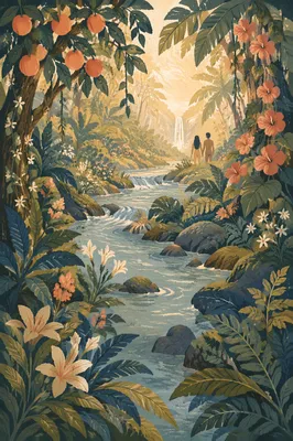 Lush Garden of Eden River at Dawn