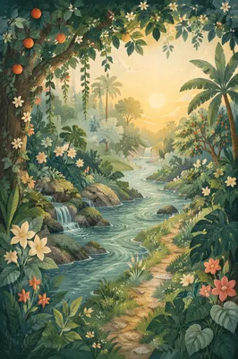 Lush Garden of Eden River at Dawn