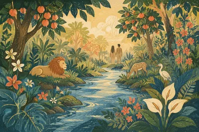 Lush Garden of Eden River at Dawn