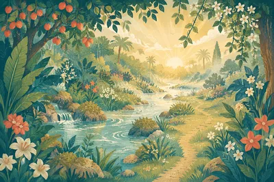 Lush Garden of Eden River at Dawn