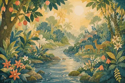 Lush Garden of Eden River at Dawn