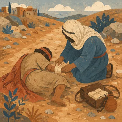 Good Samaritan Bandaging Wounded Traveler