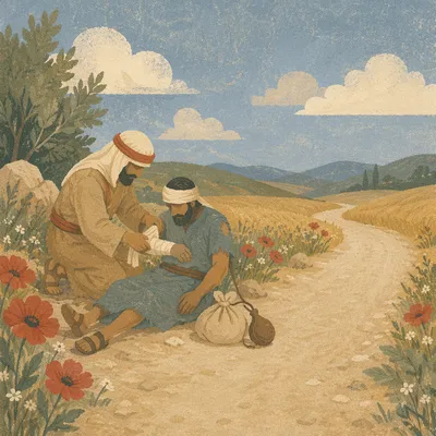 Good Samaritan Bandaging Wounded Traveler Roadside