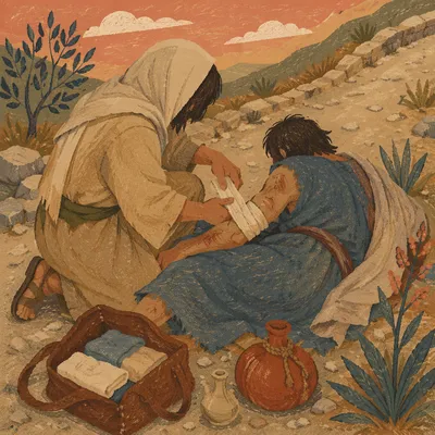 Good Samaritan Bandaging Wounded Traveler