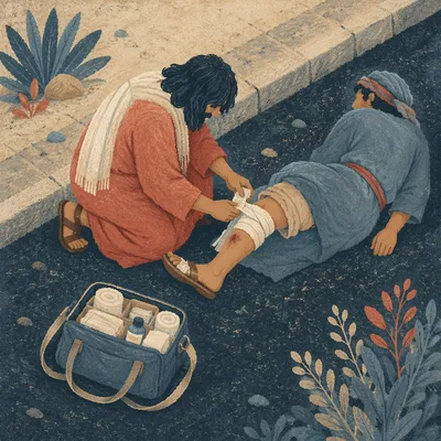 Good Samaritan Bandaging Traveler on Roadside