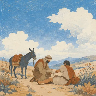 Good Samaritan Aiding Wounded Traveler