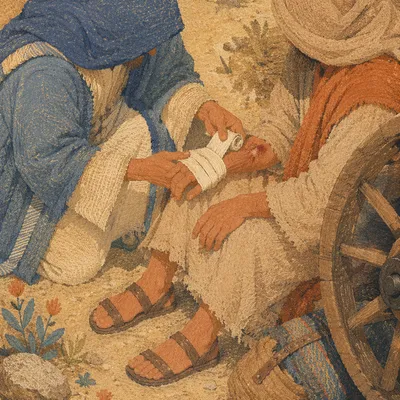 Good Samaritan Bandaging Wounded Traveler