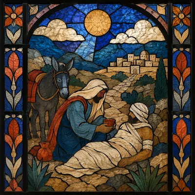 Good Samaritan Roadside Rescue in Stained Glass