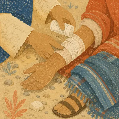 Good Samaritan Bandaging Wounded Traveler