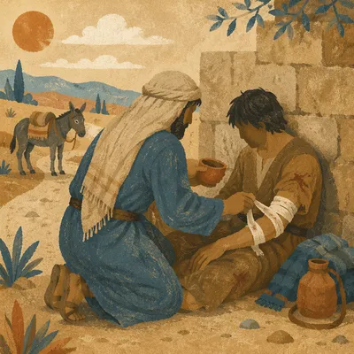 Good Samaritan Aiding Wounded Traveler Roadside