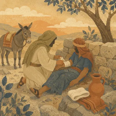 Good Samaritan Tending Wounded Traveler