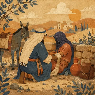 Good Samaritan Bandaging Wounded Traveler