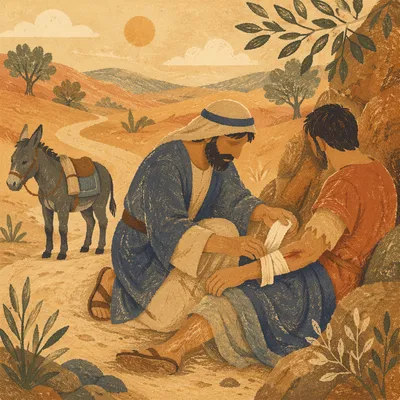 Good Samaritan Aiding Wounded Traveler at Sunset