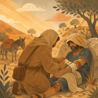 Good Samaritan Tending Wounded Traveler