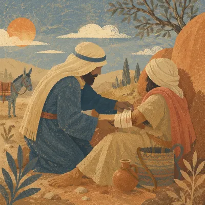 Good Samaritan Bandaging Wounded Traveler