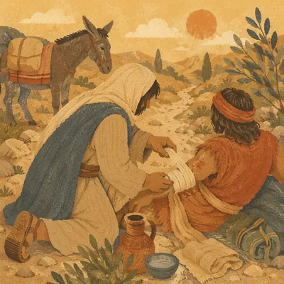 Good Samaritan Bandaging Wounded Traveler