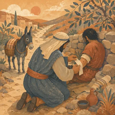 Good Samaritan Bandaging Wounded Traveler