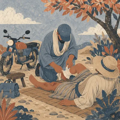 Good Samaritan Bandaging Wounded Traveler Roadside