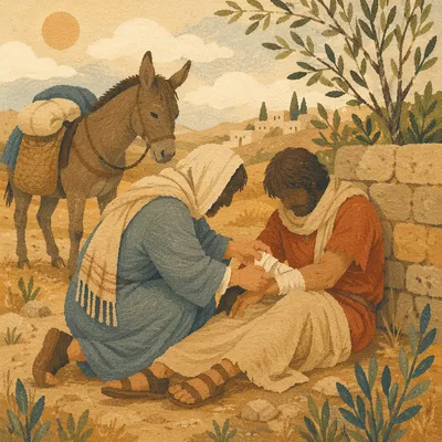Good Samaritan Bandaging Wounded Traveler