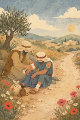 Good Samaritan Bandaging Wounded Traveler