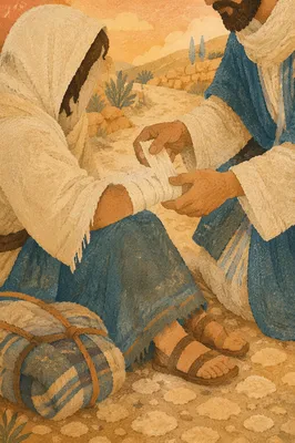 Good Samaritan Bandaging Wounded Traveler