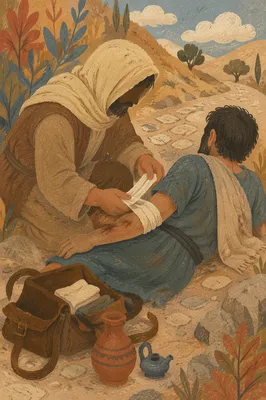 Good Samaritan Bandaging Wounded Traveler