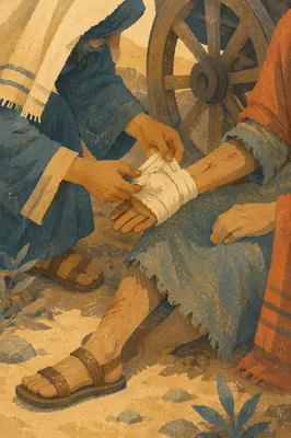 Good Samaritan Bandaging Wounded Traveler
