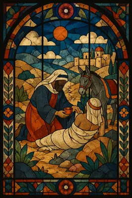 Good Samaritan Roadside Rescue in Stained Glass
