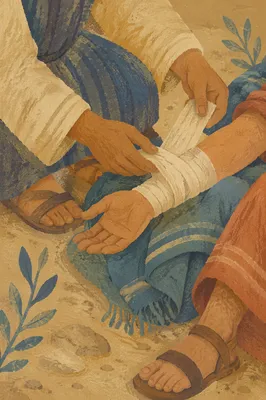 Good Samaritan Bandaging Wounded Traveler