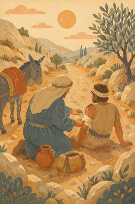 Good Samaritan Aids Wounded Traveler at Sunset