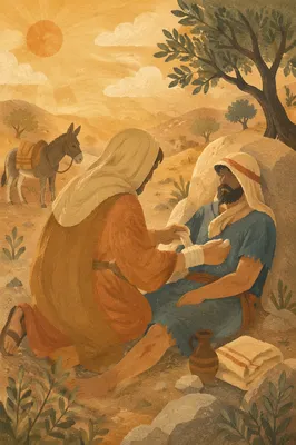 Good Samaritan Bandaging Wounded Traveler