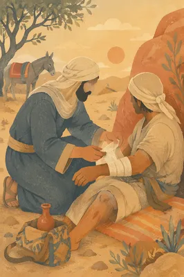 Good Samaritan Bandaging Wounded Traveler